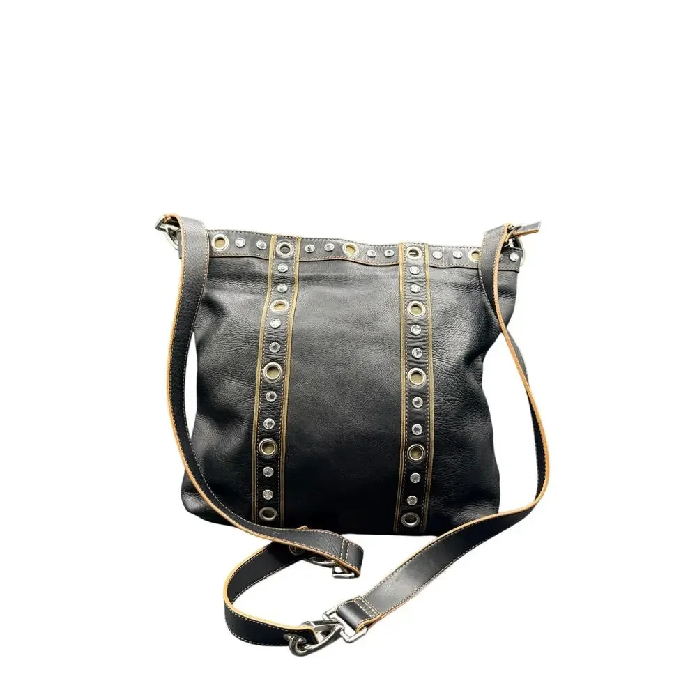 Franco Sarto Black Leather Studded Grommet Tote Shoulder Bag